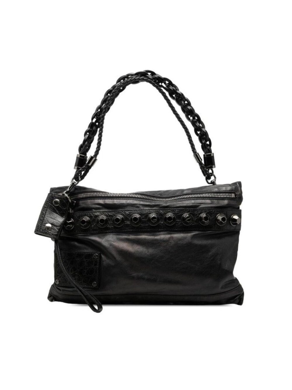 Gucci Studded Handbag Shoulder Clutch Black Leather